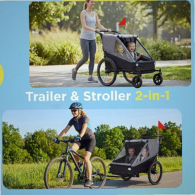 2 In 1 Kids Bike Trailer And Stroller For 1 To 2 Children, Jogging Function, Fol